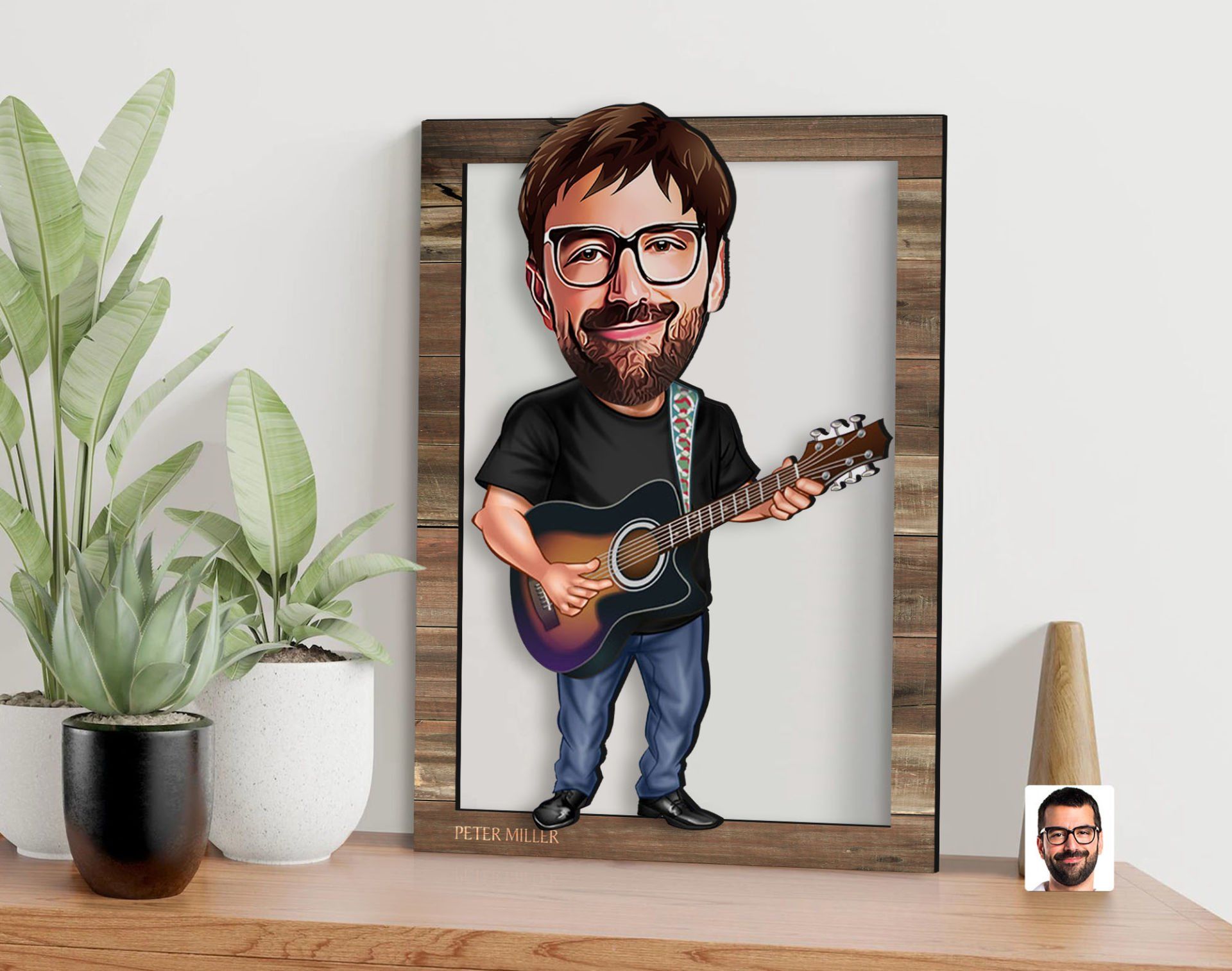 BK Gift Kişiye Özel Erkek Gitarist Karikatürlü 3D Ahşap Tablo, Sevgiliye Hediye, Arkadaşa Hediye, Yıl Dönümü Hediyesi, Doğum Günü Hediyesi-3