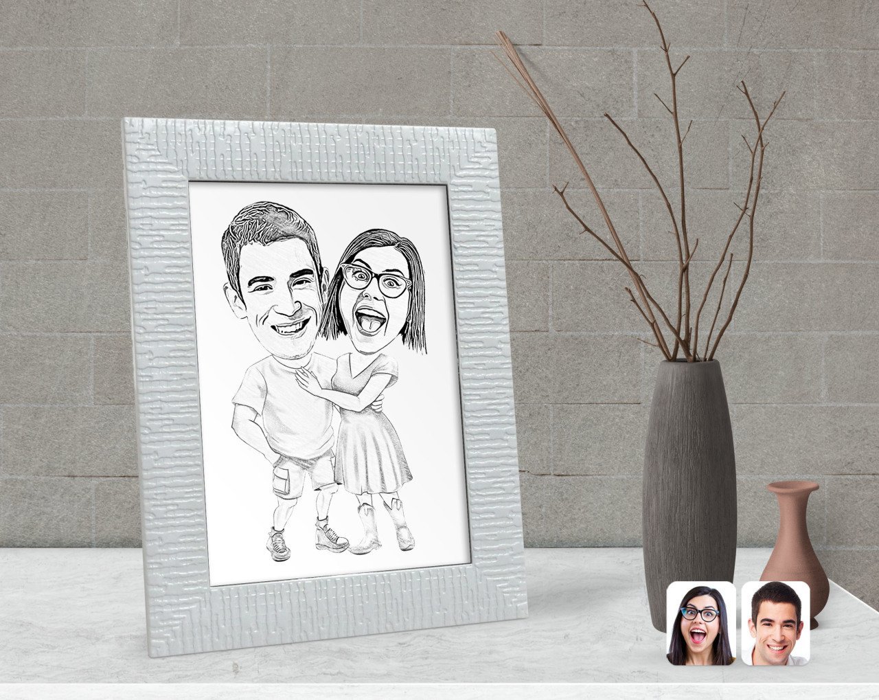 Kişiye Özel Karakalem Sevgililer Karikatürlü Dekoratif Çerçeve-80
