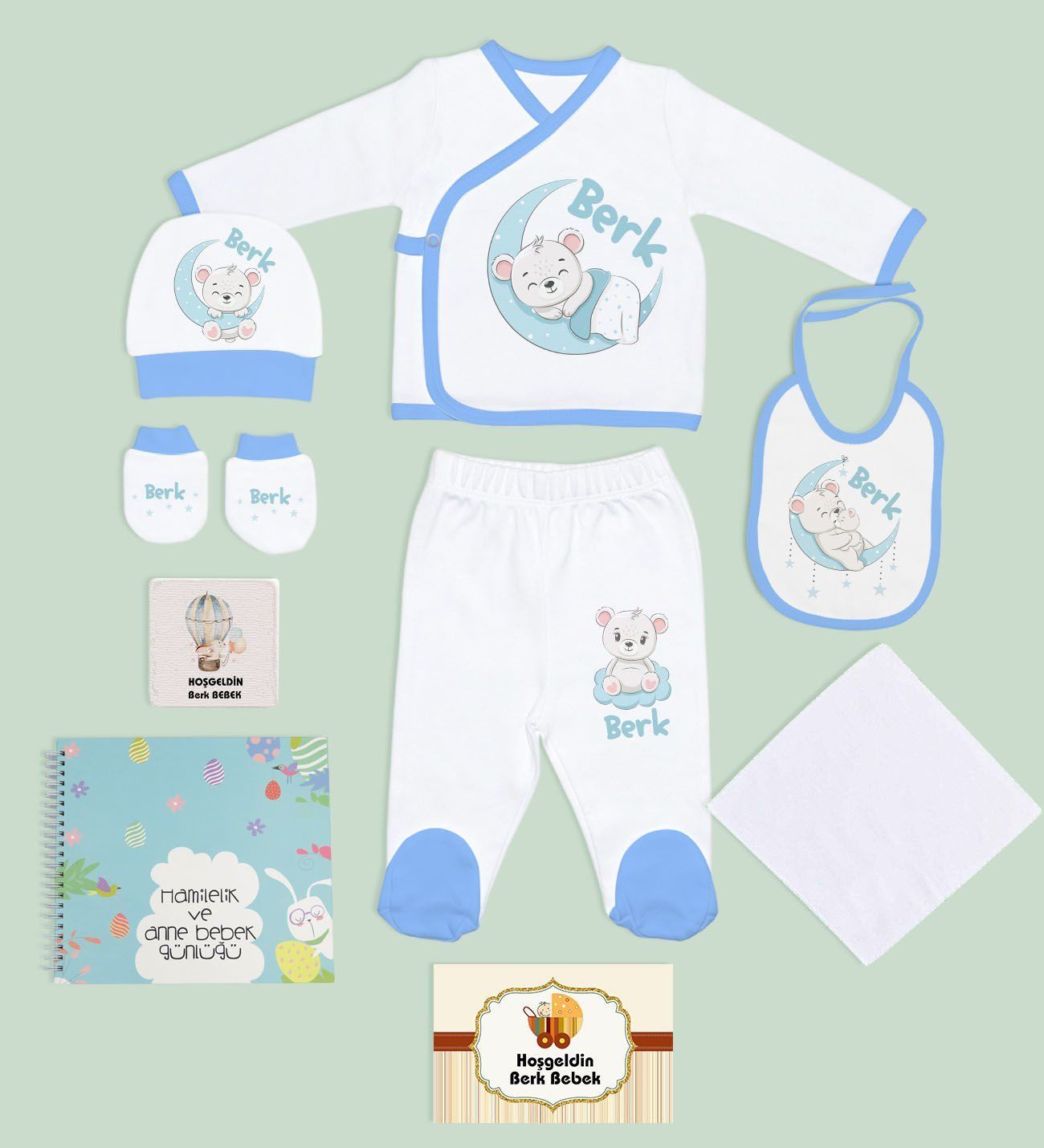 BK Kids Kişiye Özel Mavi Hastane Çıkışı, Anne-Bebek Günlüğü, Yeni Doğan Bebek Giyim Hediyesi, 9 Parça Bebek Hediye Seti-1