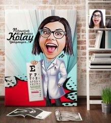 Kişiye Özel Bayan Göz Doktoru Karikatür Kanvas Tablo (70 x 100 cm.) 1