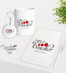 Kişiye Özel Sınıf Öğretmeni Kupa Anahtarlık Beyaz Defter Kalem Hediye Seti-6