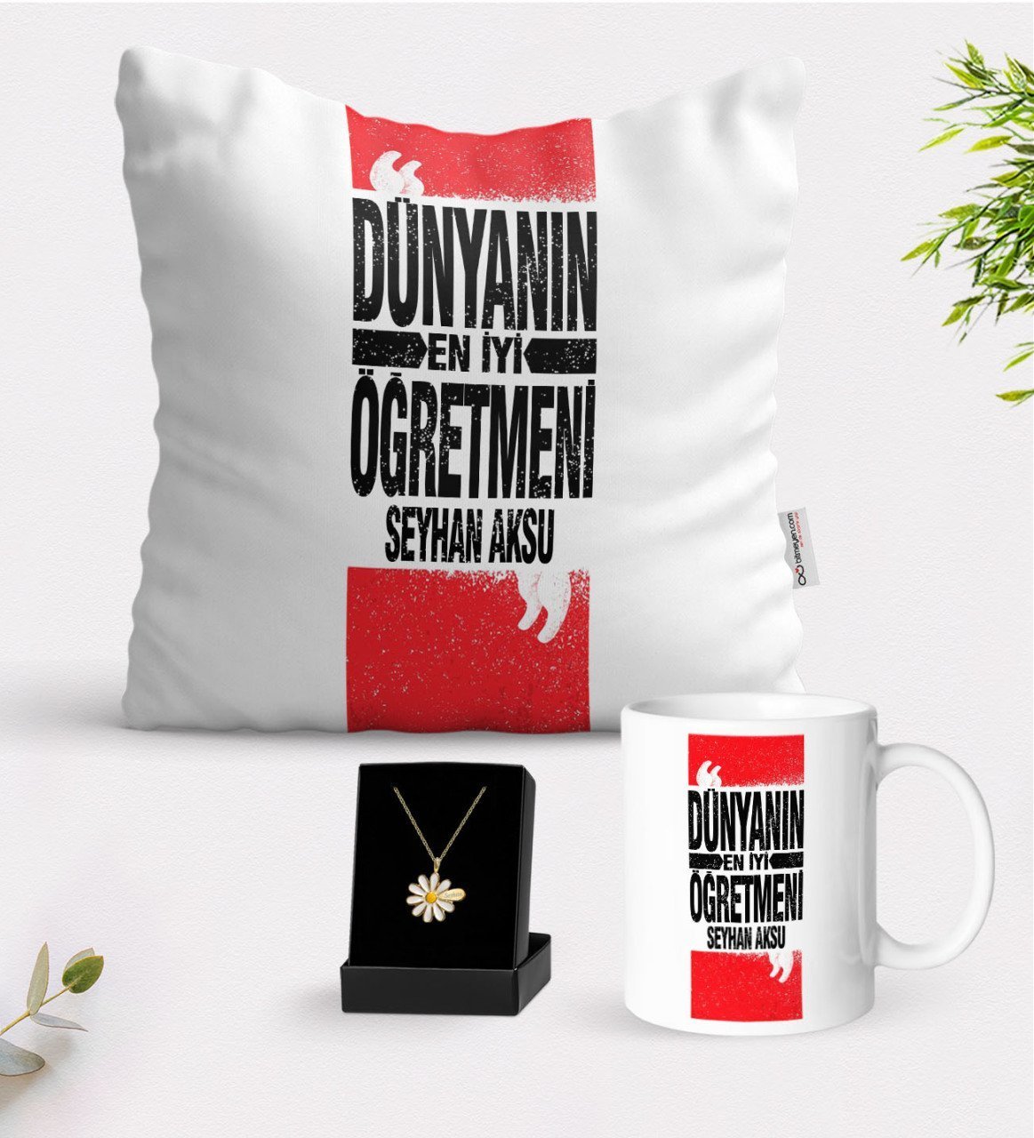 Kişiye Özel Dünyanın En İyi Öğretmeni Beyaz Kupa Yastık ve İsimli Papatya Kolye Hediye Seti-1