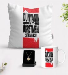 Kişiye Özel Dünyanın En İyi Öğretmeni Beyaz Kupa Yastık ve İsimli Papatya Kolye Hediye Seti-1