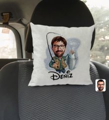 Kişiye Özel İsimli Erkek Balıkçı Karikatürlü Kare Araç Koltuk Yastığı-1