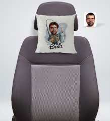 Kişiye Özel İsimli Erkek Balıkçı Karikatürlü Kare Araç Koltuk Yastığı-1