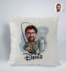 Kişiye Özel İsimli Erkek Balıkçı Karikatürlü Kare Araç Koltuk Yastığı-1