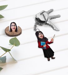 Kişiye Özel Din Kültürü ve Ahlak Bilgisi Öğretmeni Karikatürlü Ahşap Anahtarlık-1