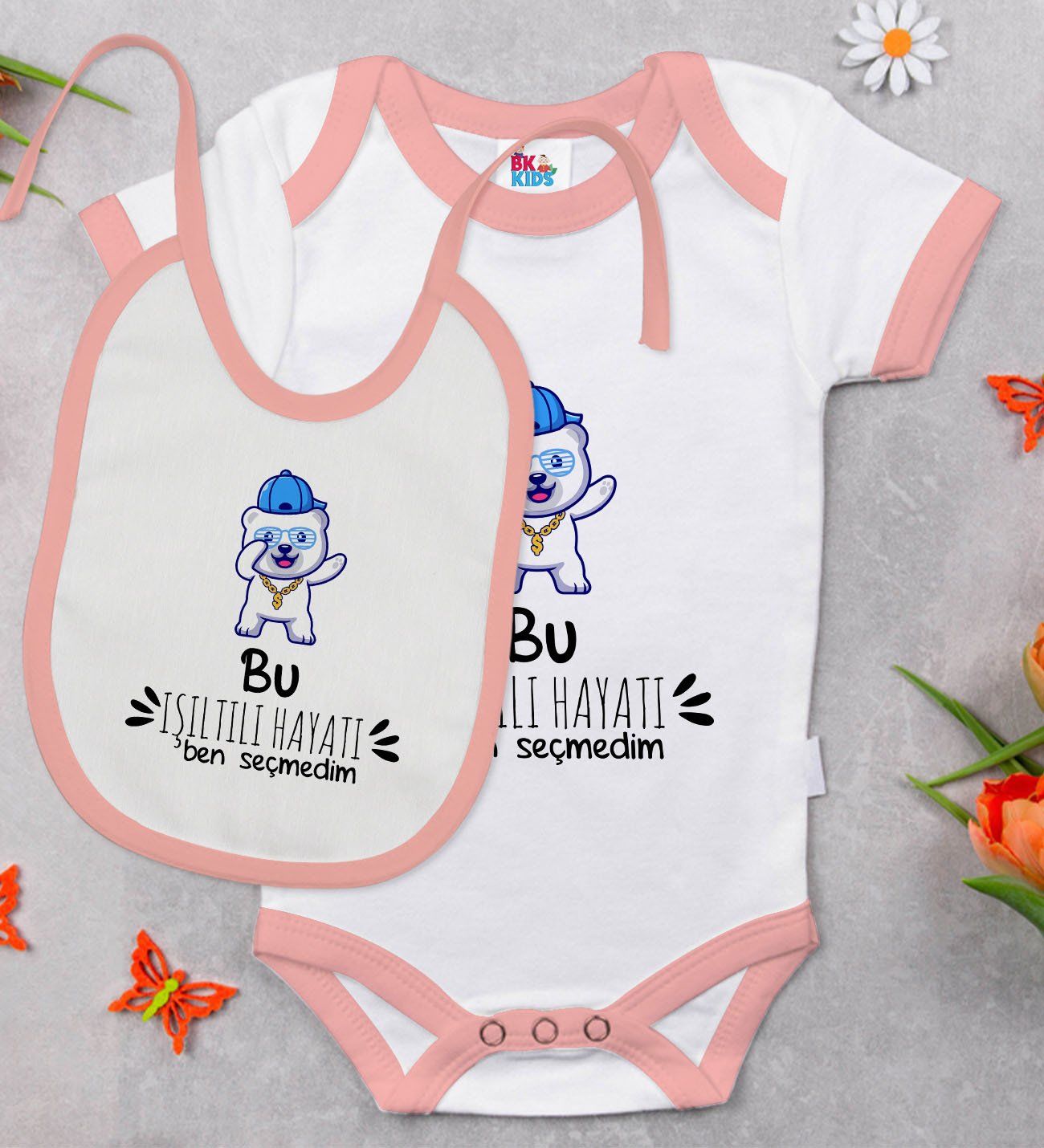 BK Kids Bu Işıltılı Hayatı Ben Seçmedim Tasarımlı Pembe Bebek Body Zıbın ve Mama Önlüğü Hediye Seti-1