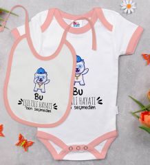 BK Kids Bu Işıltılı Hayatı Ben Seçmedim Tasarımlı Pembe Bebek Body Zıbın ve Mama Önlüğü Hediye Seti-1