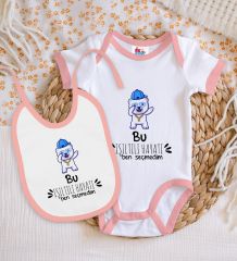 BK Kids Bu Işıltılı Hayatı Ben Seçmedim Tasarımlı Pembe Bebek Body Zıbın ve Mama Önlüğü Hediye Seti-1