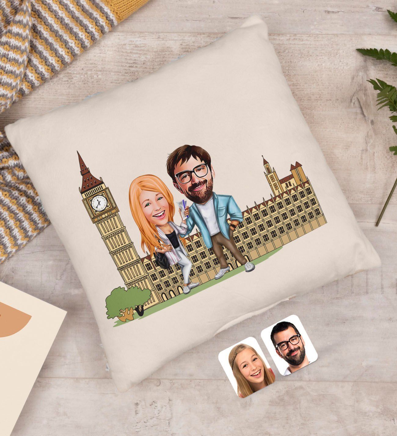 BK Gift Kişiye Özel Sevgililer Big Ben Karikatürlü Beyaz Yastık-1