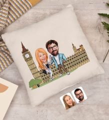 BK Gift Kişiye Özel Sevgililer Big Ben Karikatürlü Beyaz Yastık-1