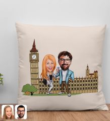 BK Gift Kişiye Özel Sevgililer Big Ben Karikatürlü Beyaz Yastık-1