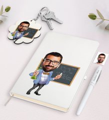 Kişiye Özel Erkek Fen Bilimleri Öğretmeni Karikatürlü Beyaz Defter Kalem Ve Anahtarlık Hediye Seti-1