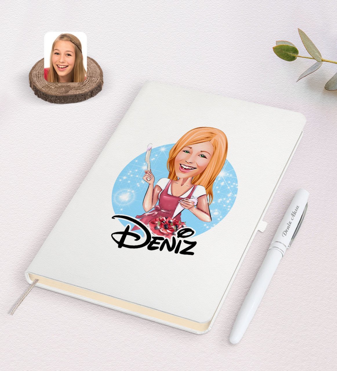Kişiye Özel Kadın Aşçı Karikatürlü Beyaz Defter ve Kalem Hediye Seti-1