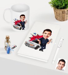 Kişiye Özel Bay Trafik Polisi Karikatürlü Beyaz Defter Kalem Kupa Seti - 1