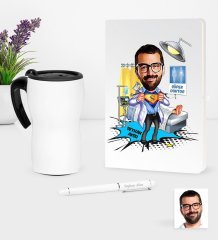 Kişiye Özel Bay Doktor Karikatürlü Beyaz Defter Kalem ve Termos Mug Seti - 1
