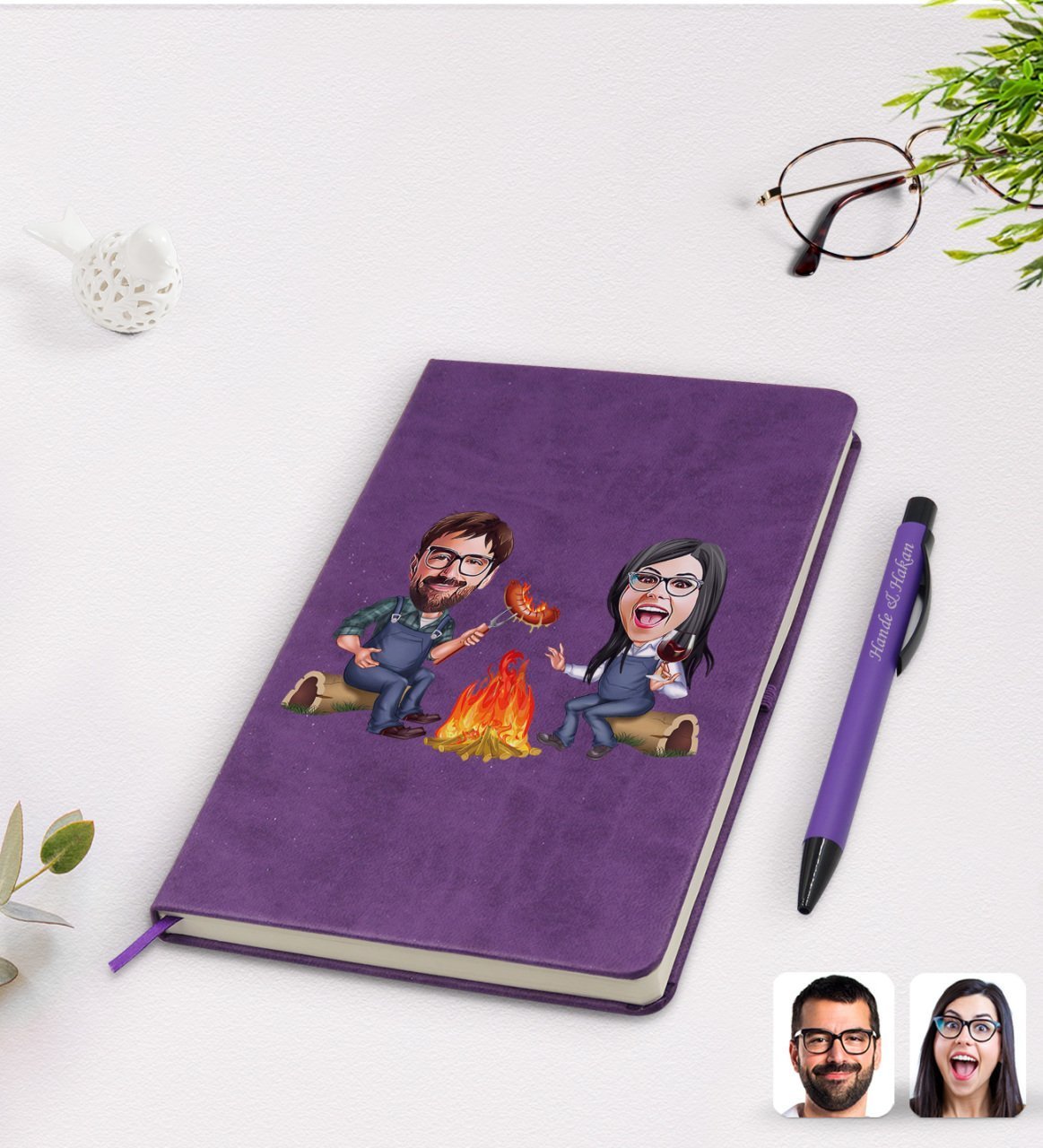 Kişiye Özel Sevgililer Karikatürlü Mor Termo Deri Defter Kalem Seti Model 95