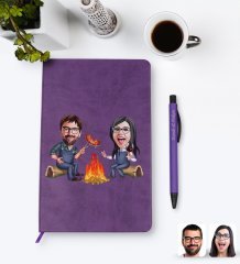 Kişiye Özel Sevgililer Karikatürlü Mor Termo Deri Defter Kalem Seti Model 95
