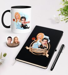 Kişiye Özel Yılın En Mükemmel Çifti Karikatürlü Siyah Defter Kalem ve Kupa Seti-67