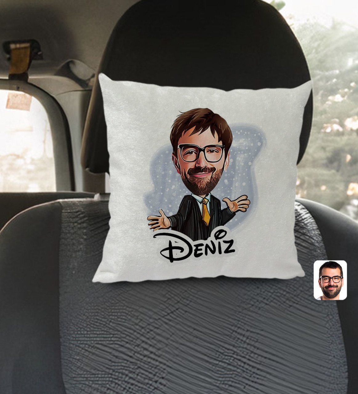 Kişiye Özel İsimli Erkek Avukat Karikatürlü Kare Araç Koltuk Yastığı-3