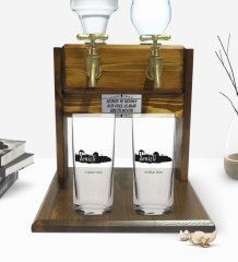 Kişiye Özel Renkli Baskılı Denizli Tasarımlı Turistik İkili Rakı Bardağı ve Çift Musluklu Doğal Ahşap Rakı Standı-2