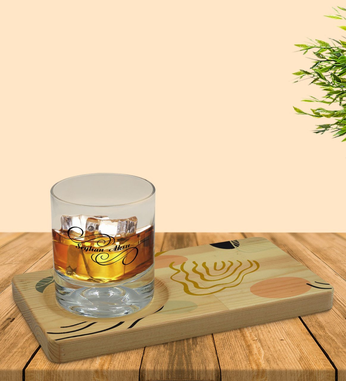 Kişiye Özel Modern Art Tasarımlı Doğal Ahşap Tabaklı Viski Bardağı Sunum Seti Model 4