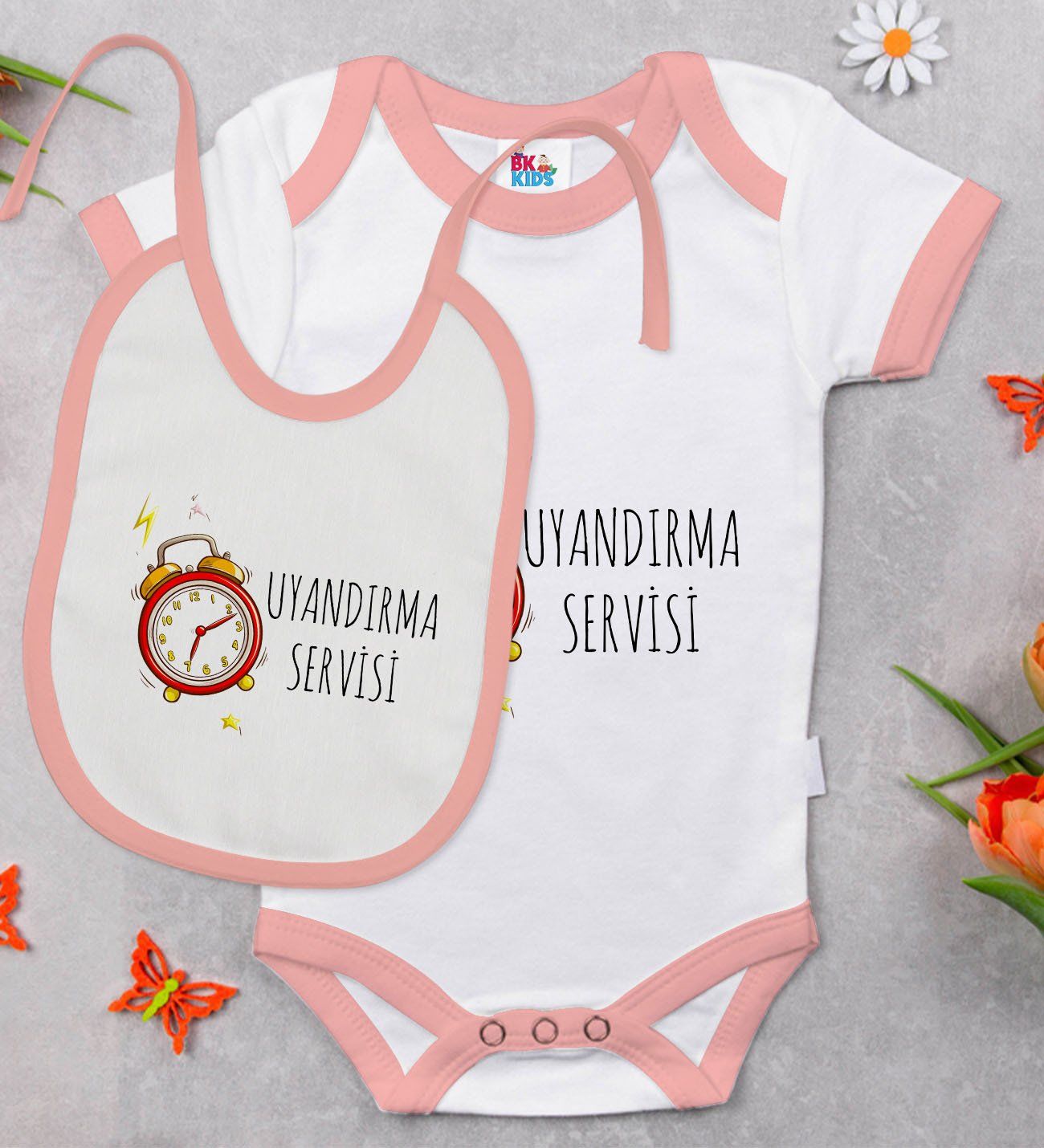 BK Kids Uyandırma Servisi Tasarımlı Pembe Bebek Body Zıbın ve Mama Önlüğü Hediye Seti-1
