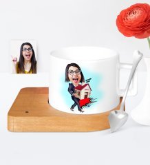Kişiye Özel Bayan Gayrimenkul Danışmanı Karikatür Ahşap Altlıklı Seramik Fincan - 2