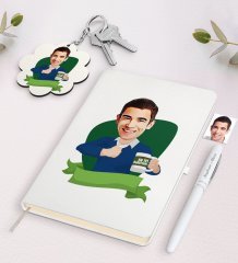 Kişiye Özel Erkek En İyi Öğretmen Karikatürlü Beyaz Defter Kalem Ve Anahtarlık Hediye Seti-1