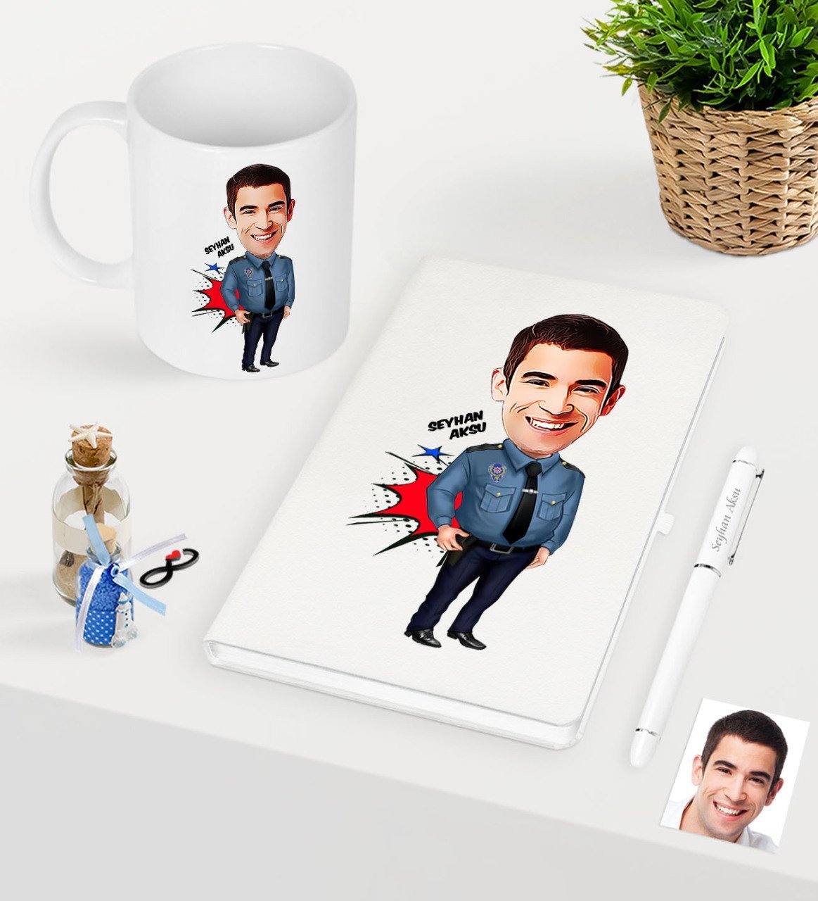 Kişiye Özel Bay Polis Karikatürlü Beyaz Defter Kalem Kupa Seti - 3