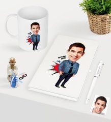 Kişiye Özel Bay Polis Karikatürlü Beyaz Defter Kalem Kupa Seti - 3