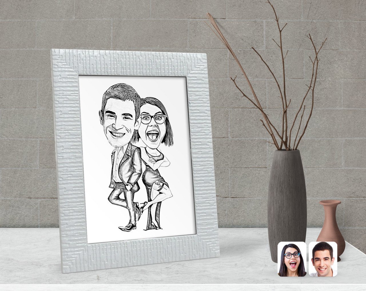 Kişiye Özel Karakalem Sevgililer Karikatürlü Dekoratif Çerçeve-6