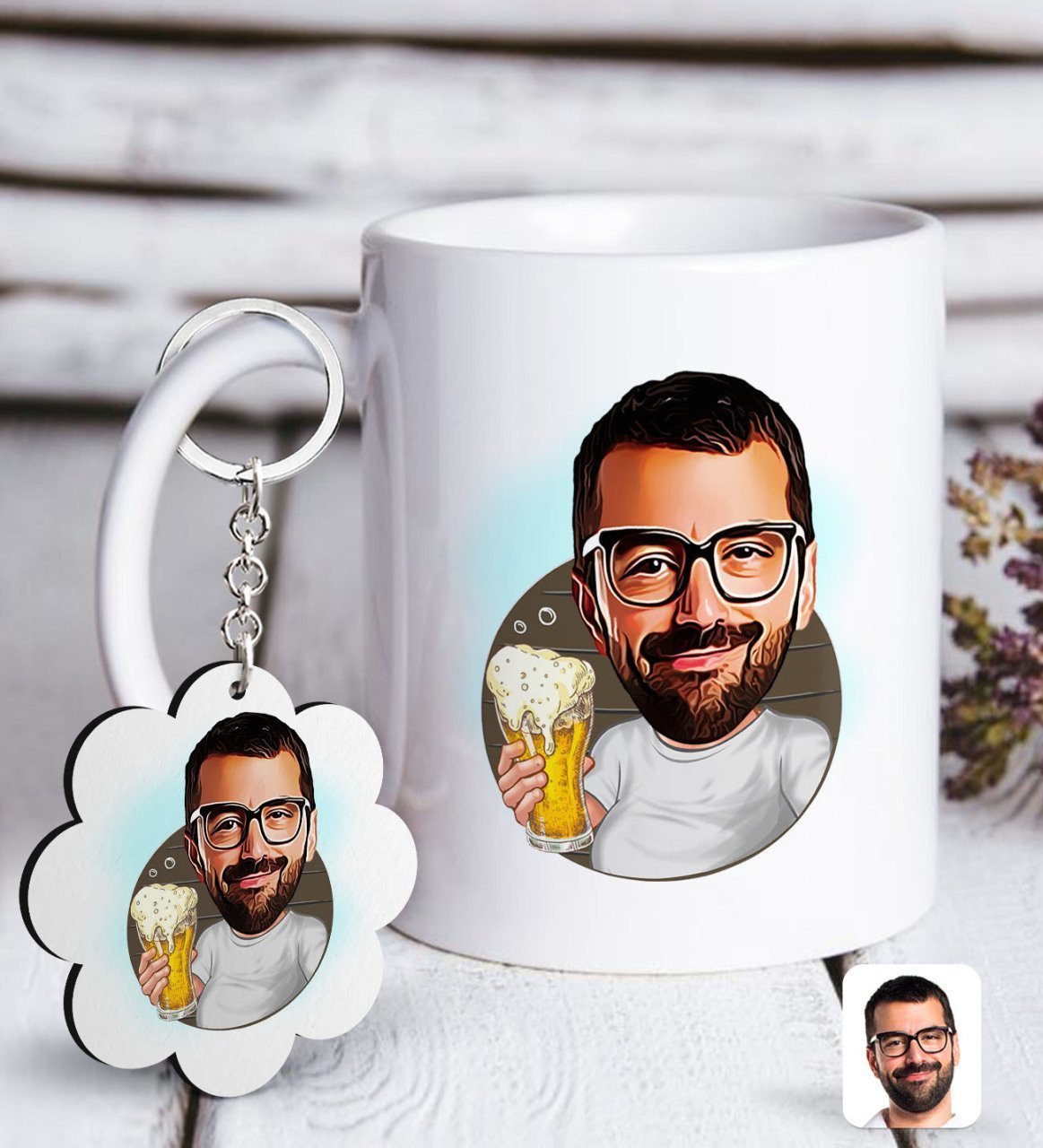 Kişiye Özel Erkek Şerefe Karikatürlü Beyaz Kupa ve Anahtarlık Hediye Seti