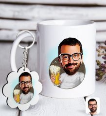 Kişiye Özel Erkek Şerefe Karikatürlü Beyaz Kupa ve Anahtarlık Hediye Seti