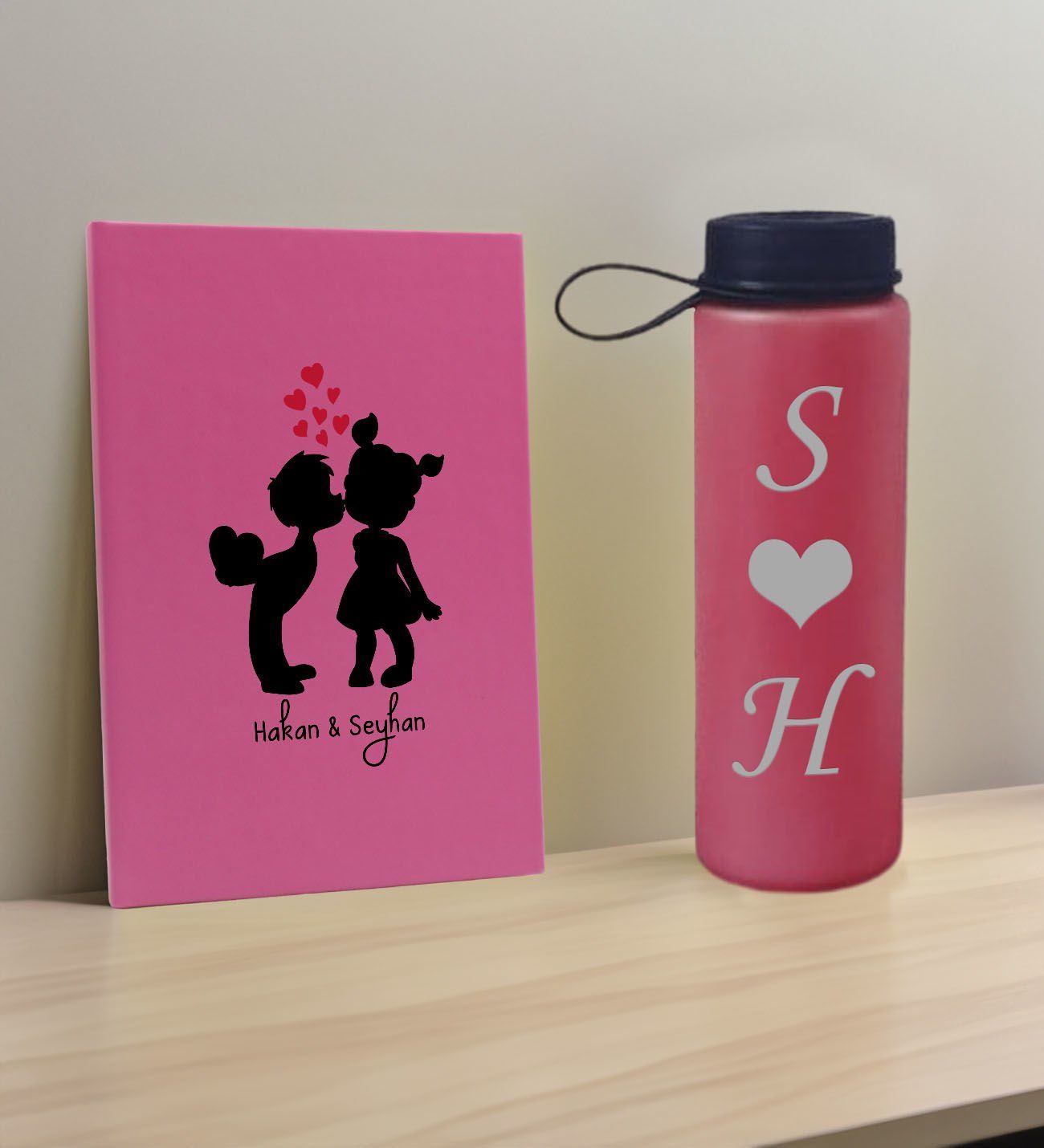 BK Gift Sevgiliye Özel İsimli Pembe Defter ve Fuşya Cam Matara Hediye Seti-16, Sevgiliye Hediye, Sevgililer Günü, Yeni İş Hediyesi