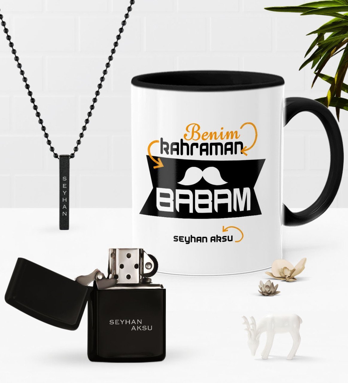 Kişiye Özel Benim Kahraman Babam Siyah Kupa Benzinli Çakmak Kolye Seti