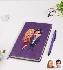 Kişiye Özel Sevgililer Karikatürlü Mor Termo Deri Defter Kalem Seti Model 94