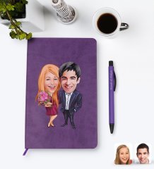 Kişiye Özel Sevgililer Karikatürlü Mor Termo Deri Defter Kalem Seti Model 94