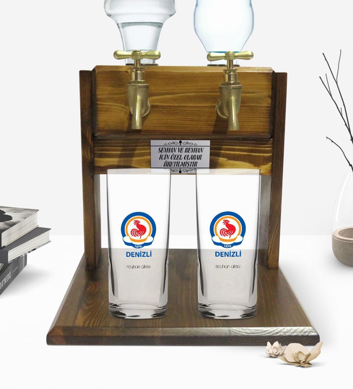 Kişiye Özel Renkli Baskılı Denizli Tasarımlı Turistik İkili Rakı Bardağı ve Çift Musluklu Doğal Ahşap Rakı Standı-1