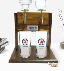 Kişiye Özel Renkli Baskılı Denizli Tasarımlı Turistik İkili Rakı Bardağı ve Çift Musluklu Doğal Ahşap Rakı Standı-1