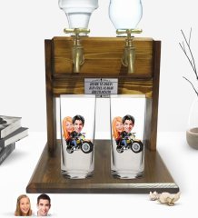 Kişiye Özel Sevgililer Tasarımlı İkili Rakı Bardağı ve Çift Musluklu Doğal Ahşap Rakı Standı-17