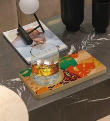 Kişiye Özel Modern Art Tasarımlı Doğal Ahşap Tabaklı Viski Bardağı Sunum Seti Model 3