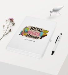 Kişiye Özel Sosyal Bilgiler Öğretmeni Temalı Beyaz Defter Kalem Hediye Seti - 3