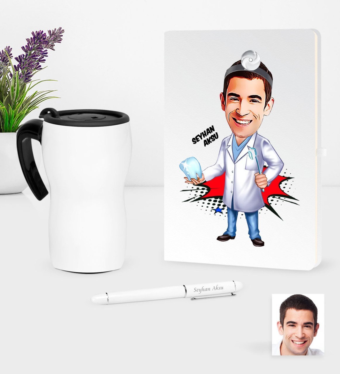 Kişiye Özel Bay Diş Hekimi Karikatürlü Beyaz Defter Kalem ve Termos Mug Seti - 3