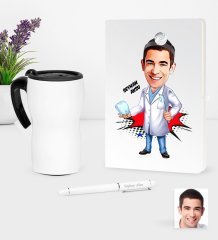 Kişiye Özel Bay Diş Hekimi Karikatürlü Beyaz Defter Kalem ve Termos Mug Seti - 3