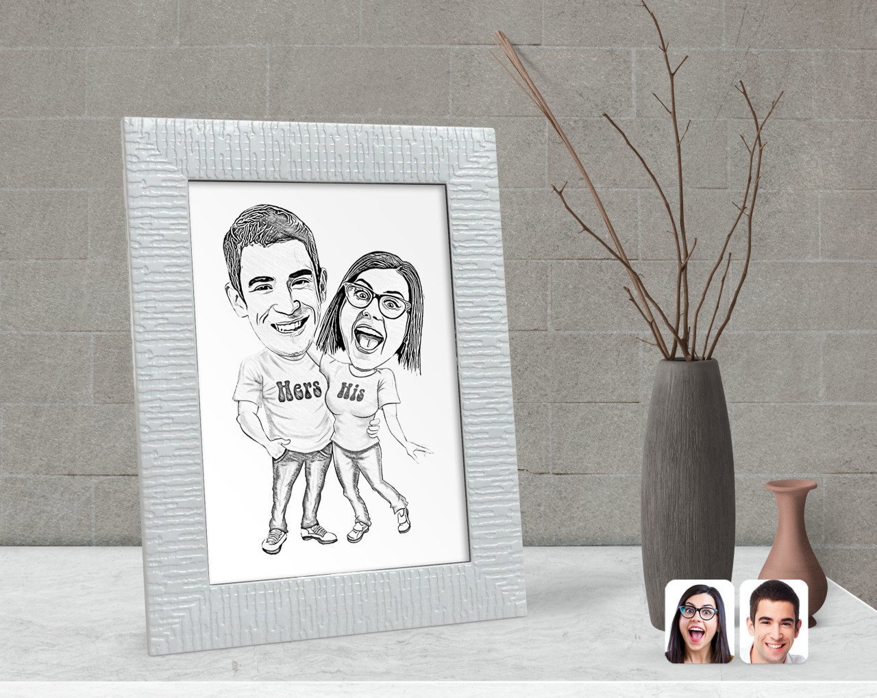 Kişiye Özel Karakalem Sevgililer Karikatürlü Dekoratif Çerçeve-5