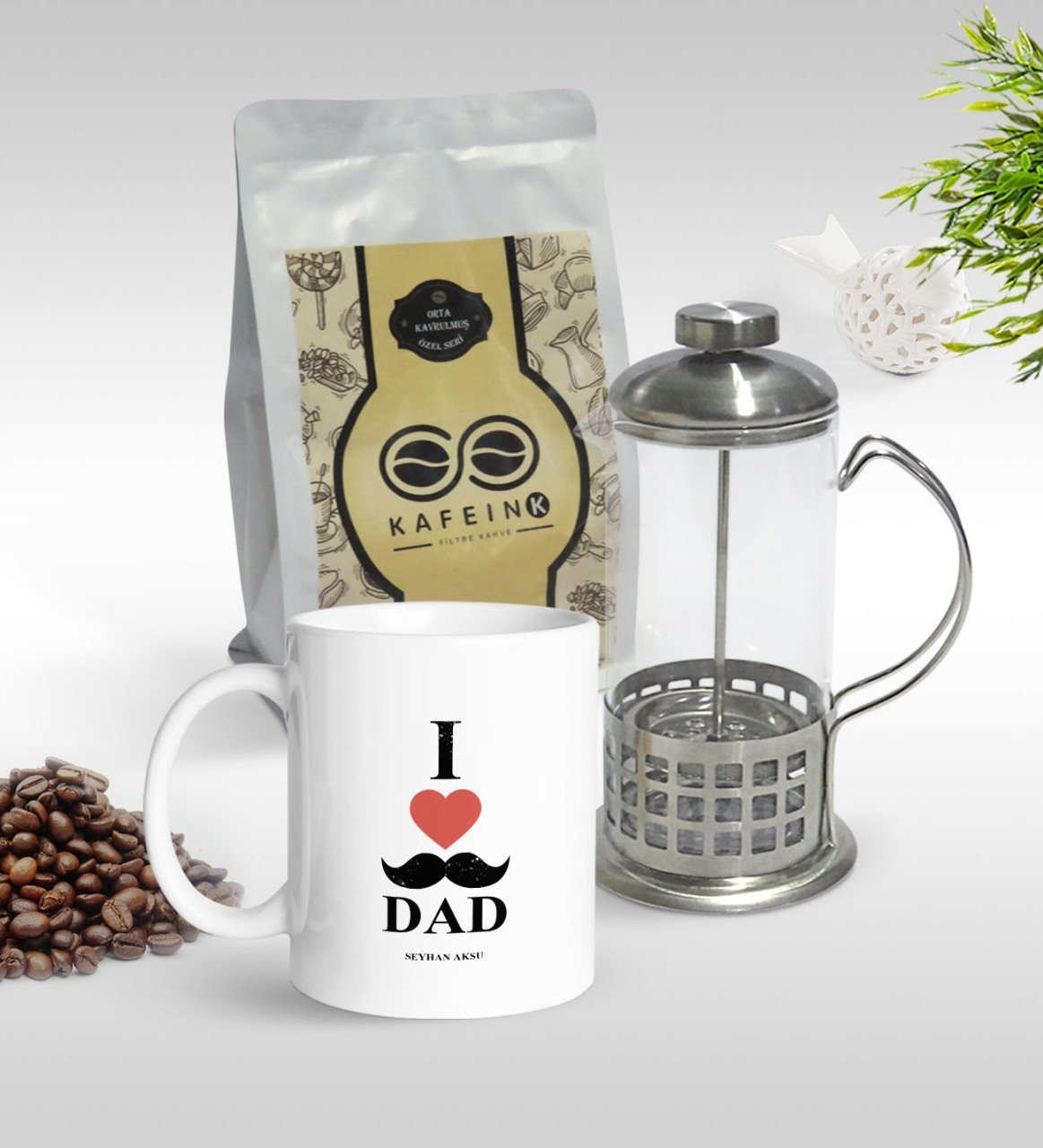 Kişiye Özel Babamı Seviyorum Tasarımlı Kupa & French Press & 250gr Filtre Kahve Hediye Seti-2