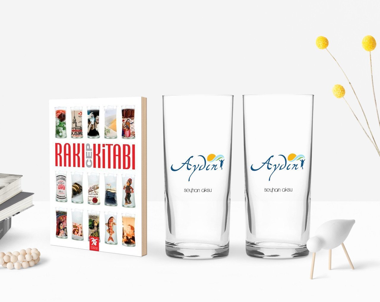 Kişiye Özel Renkli Baskılı Aydın Tasarımlı Turistik İkili Rakı Bardağı ve Rakı Cep Kitabı Hediye Seti-1