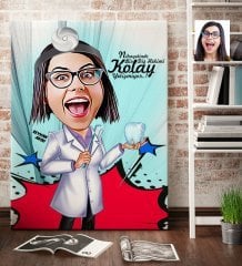 Kişiye Özel Bayan Diş Hekimi Karikatür Kanvas Tablo (70 x 100 cm.) 2